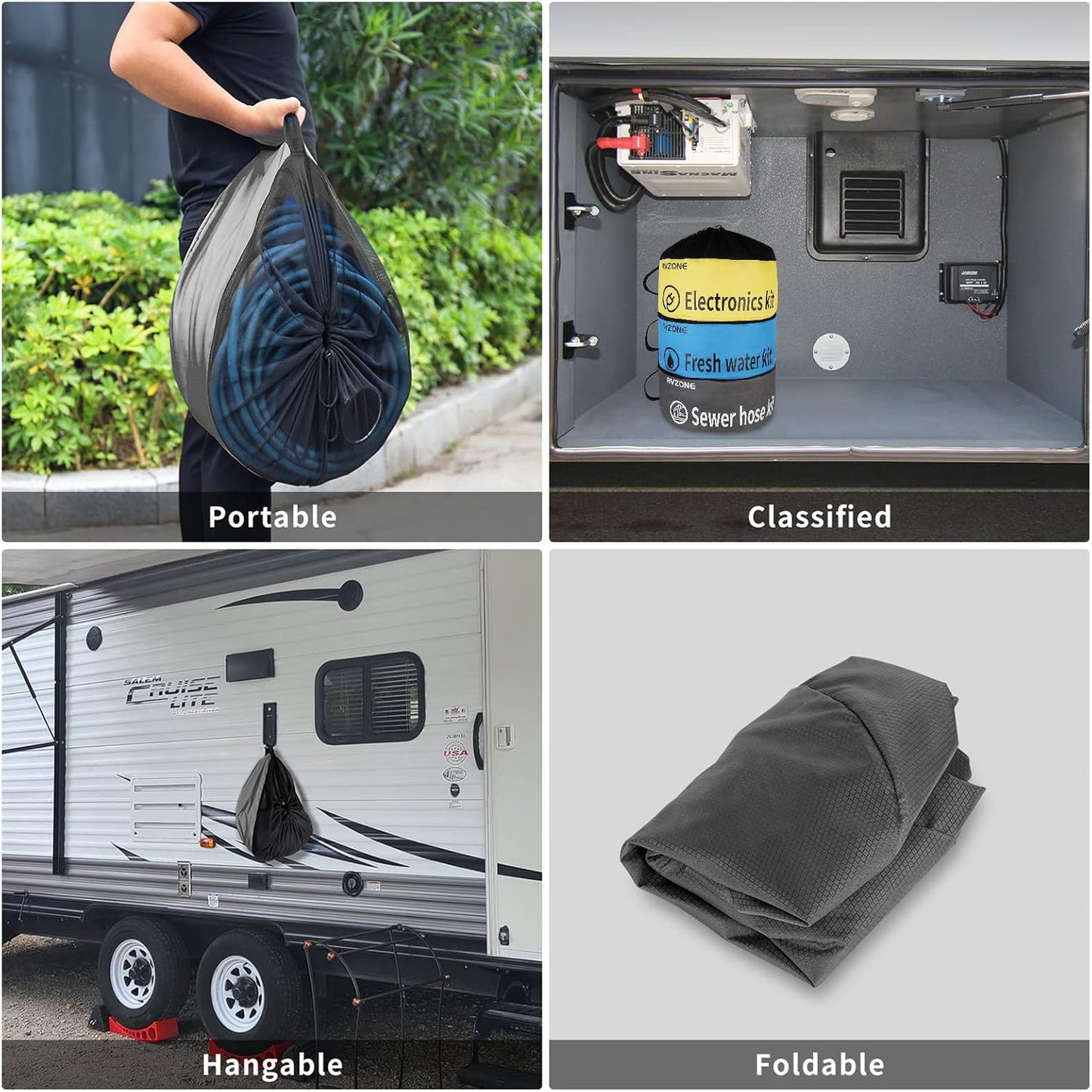 Gray Waterproof RV Hose Storage Bag for Sewer Water Hoses & Cords