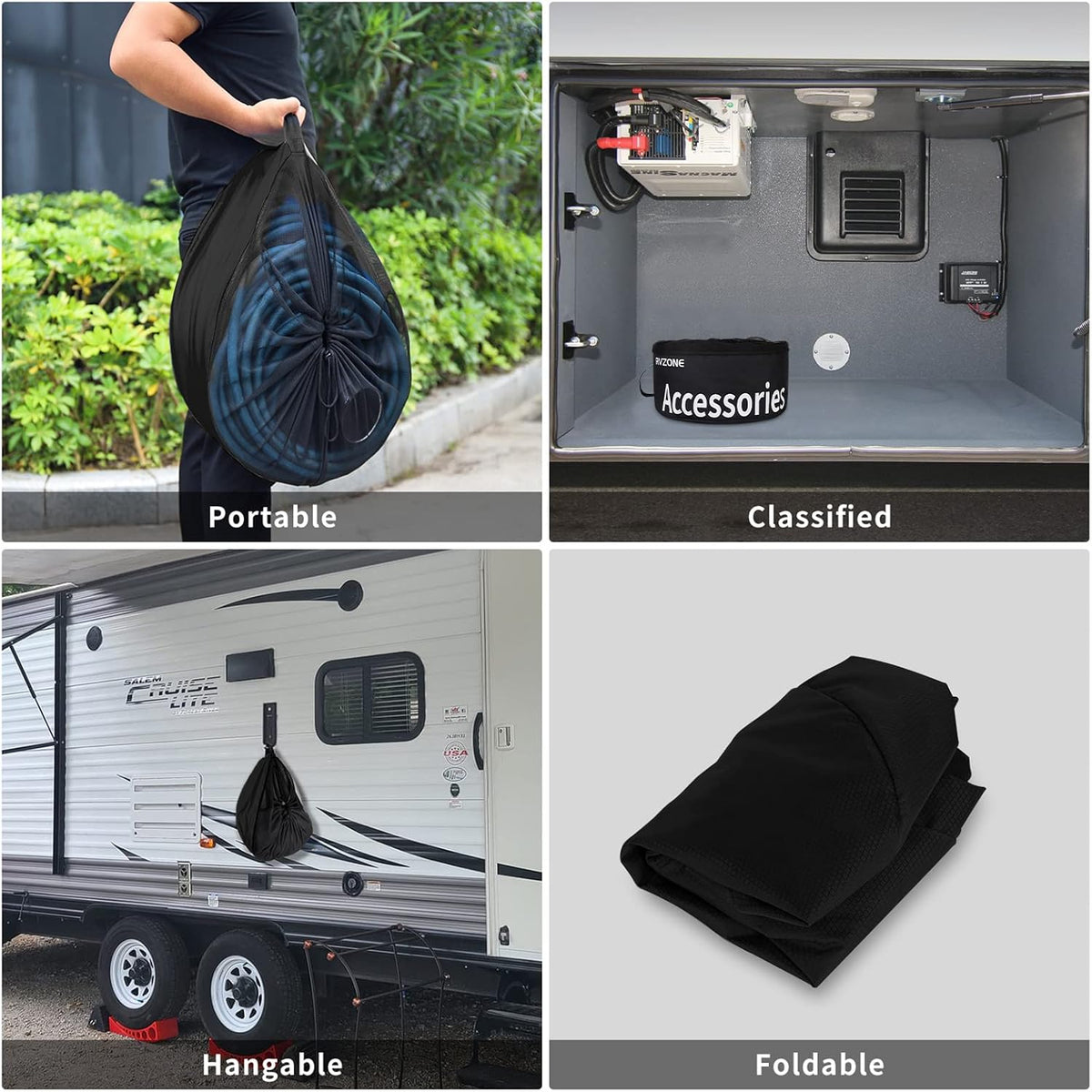 Gray Waterproof RV Hose Storage Bag for Sewer Water Hoses & Cords