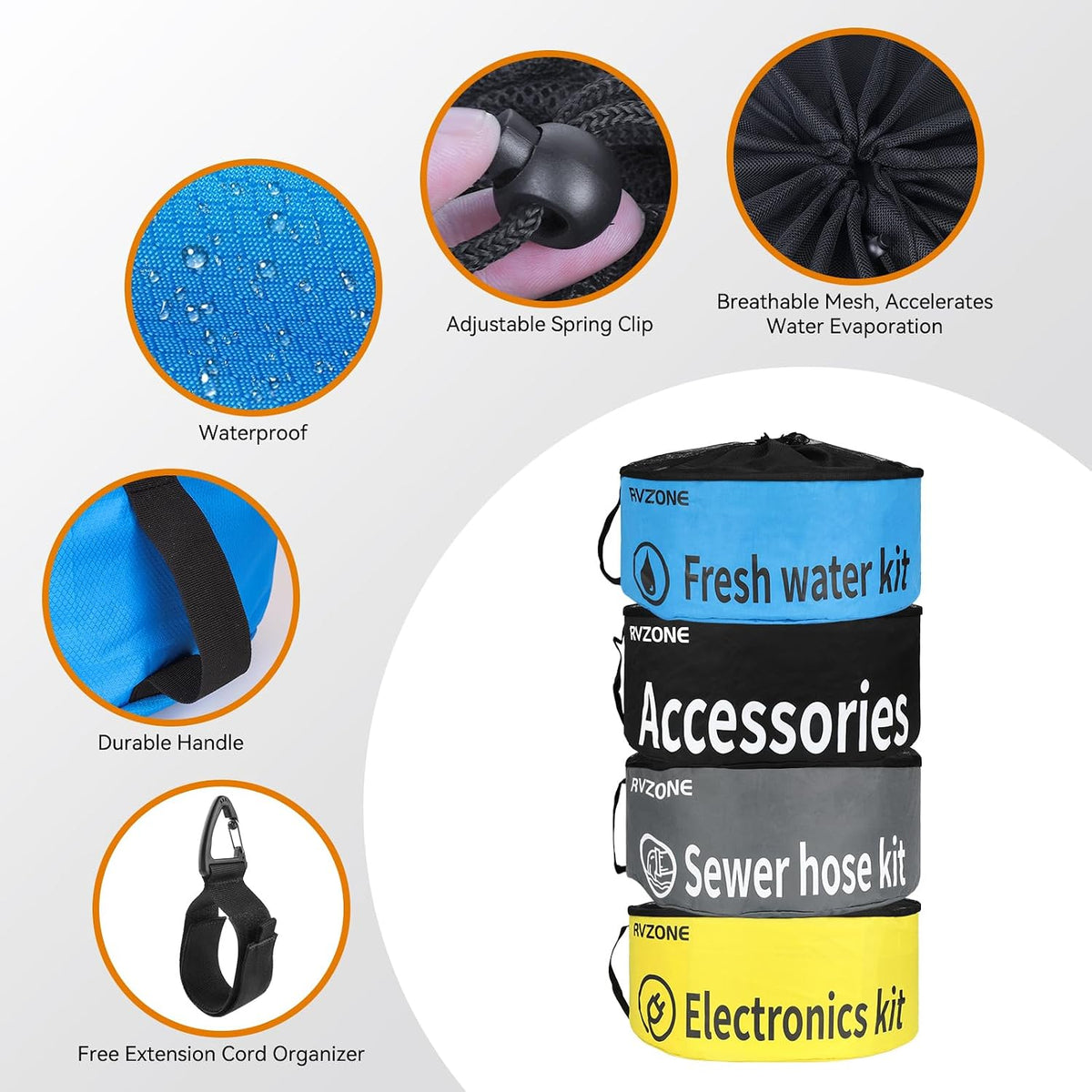 Gray Waterproof RV Hose Storage Bag for Sewer Water Hoses & Cords