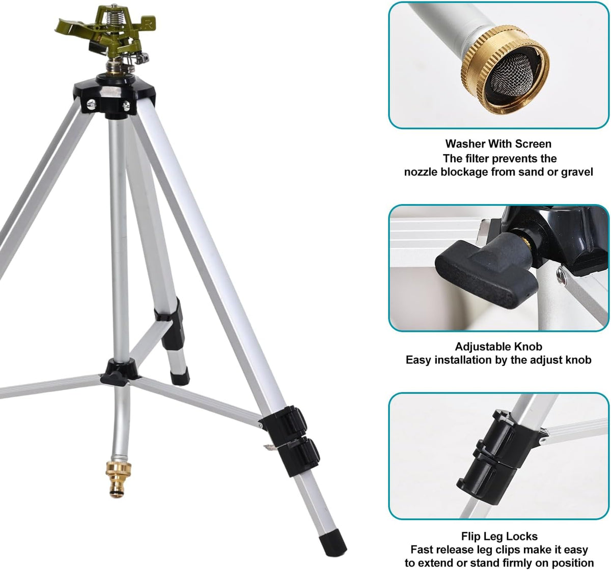 Impact Sprinkler Head on Tripod Base, Heavy Duty Lawn Sprinklers, 360 Degree Large Area Irrigation, Metal Sprinkler Nozzle with Solid Alloy Metal Extension Legs (50in)