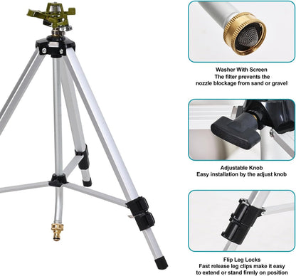 Impact Sprinkler Head on Tripod Base, Heavy Duty Lawn Sprinklers, 360 Degree Large Area Irrigation, Metal Sprinkler Nozzle with Solid Alloy Metal Extension Legs (50in)