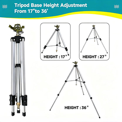 Impact Sprinkler Head on Tripod Base, Heavy Duty Lawn Sprinklers, 360 Degree Large Area Irrigation, Metal Sprinkler Nozzle with Solid Alloy Metal Extension Legs (50in)