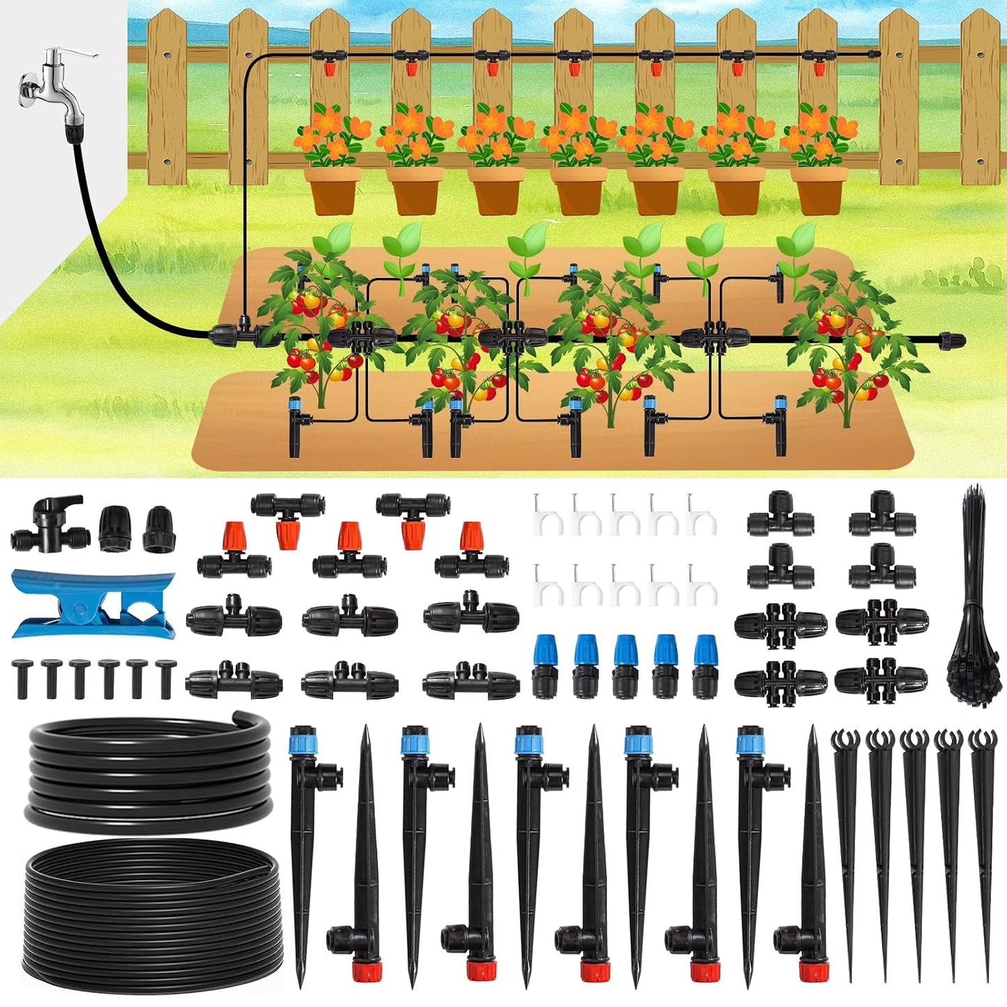 Drip Irrigation Kit Automatic Watering System 115FT Misting Sprinkler DIY Devices with 1/4" & 1/2" Tubing Hose, Adjustable Nozzle Emitters, Quick Connectors for Greenhouse, Garden, Patio