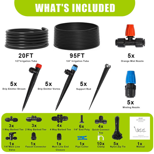 Drip Irrigation Kit Automatic Watering System 115FT Misting Sprinkler DIY Devices with 1/4" & 1/2" Tubing Hose, Adjustable Nozzle Emitters, Quick Connectors for Greenhouse, Garden, Patio