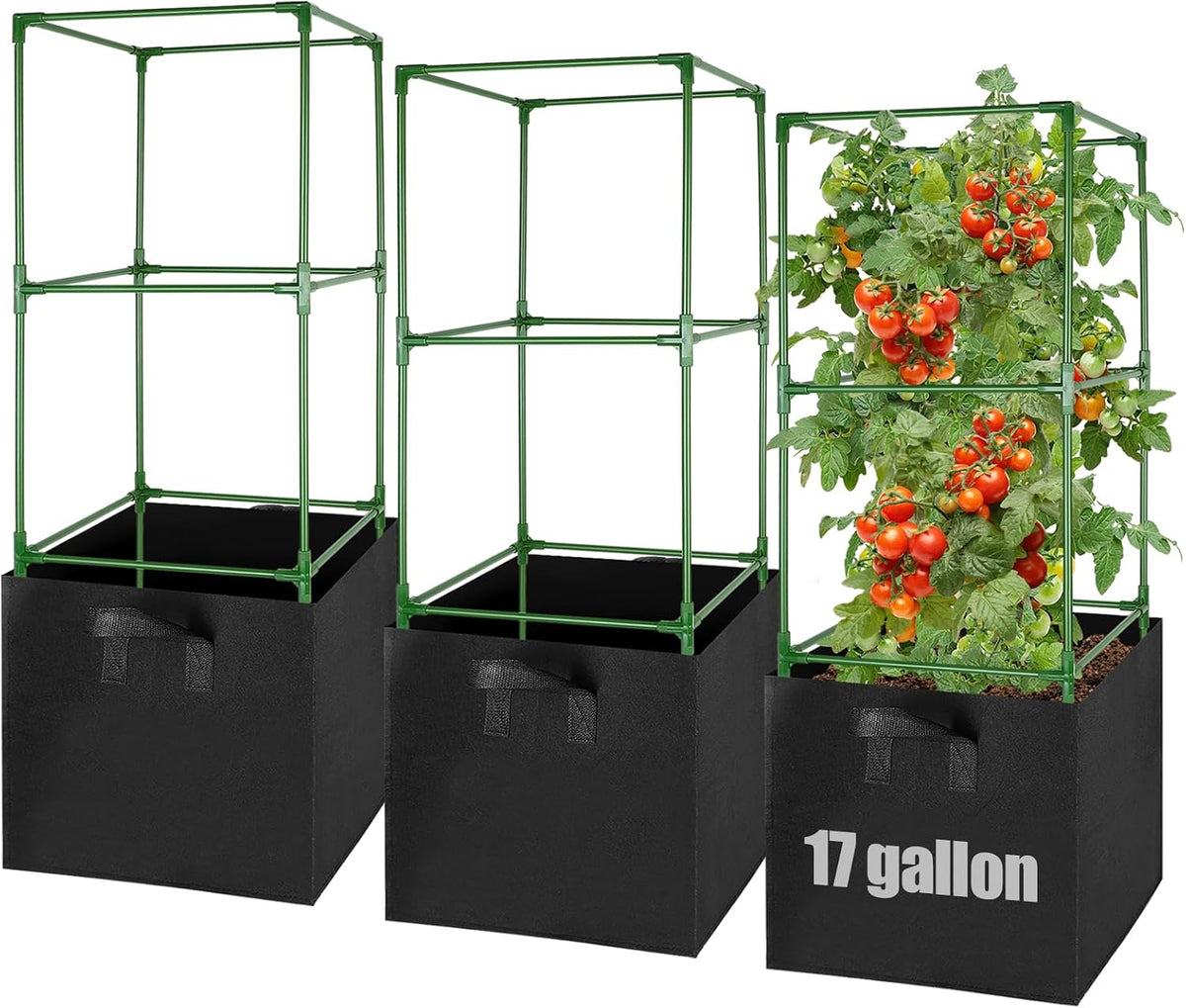 Sturdy Square Tomato Cage with Movable 17 Gal Grow Bags, 3 Sets