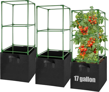 Sturdy Square Tomato Cage with Movable 17 Gal Grow Bags, 3 Sets