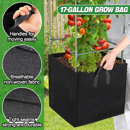 Sturdy Square Tomato Cage with Movable 17 Gal Grow Bags, 3 Sets