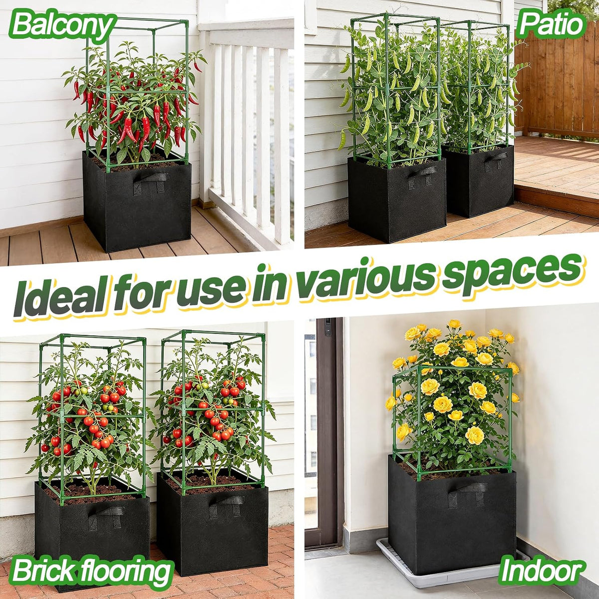 Sturdy Square Tomato Cage with Movable 17 Gal Grow Bags, 3 Sets
