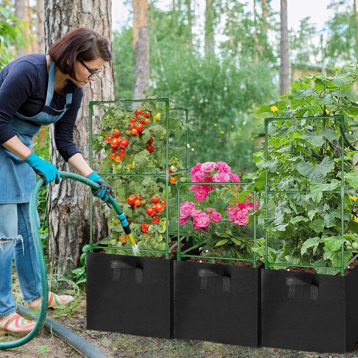 Sturdy Square Tomato Cage with Movable 17 Gal Grow Bags, 3 Sets