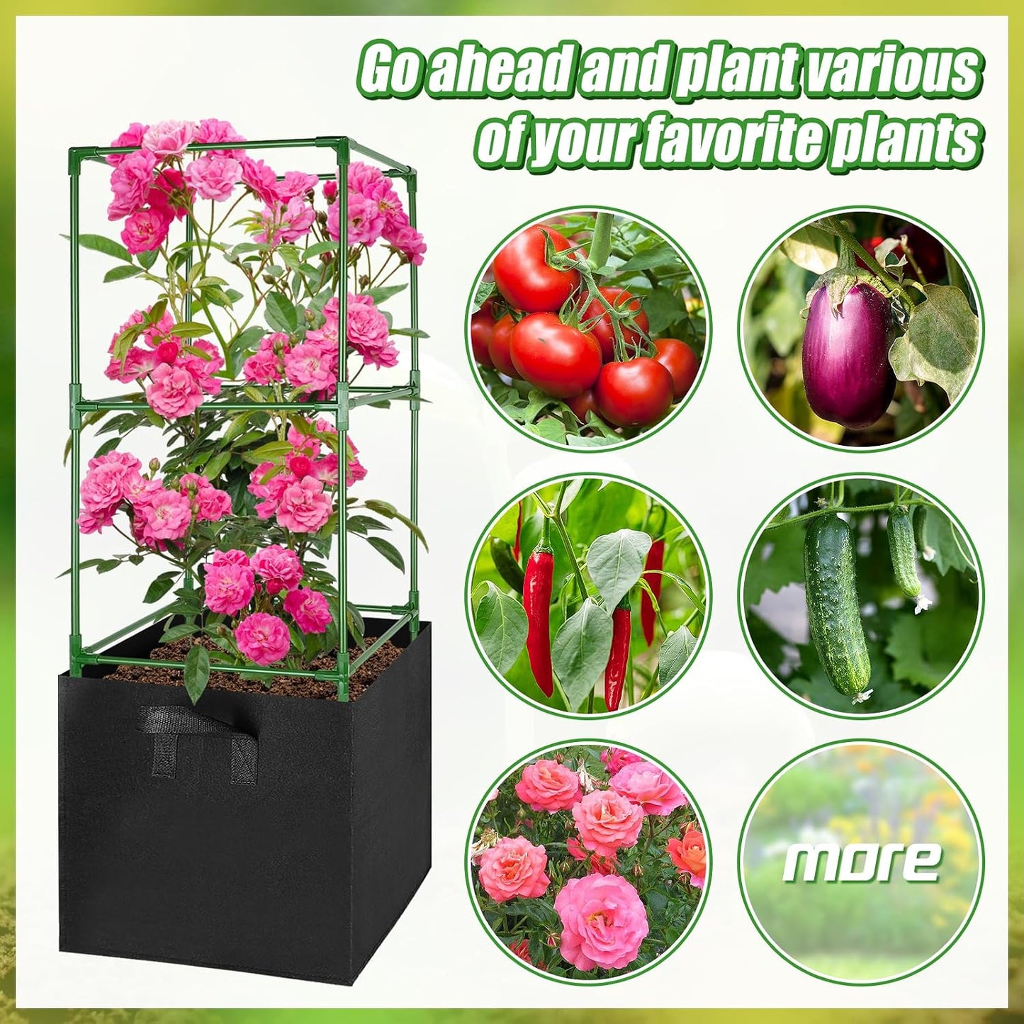 Sturdy Square Tomato Cage with Movable 17 Gal Grow Bags, 3 Sets