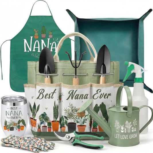 11 Pcs Nana Gardening Gifts Mom Watering Can Set Include Garden Tool Garden Tools Tote Trigger Sprayer Soil Mat Apron Tumbler Pruning Shears Glove for Women Plant Enthusiast Present