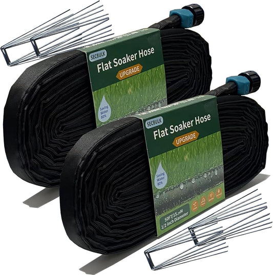 2026 Flat Soaker Hose 100 ft with Stakes for Garden, 50ft x 2 Linkable Drip Hose Diy Garden Irrigation System Saving 80% Water, Dual-layer Leak-free Design Water Hose with Holes