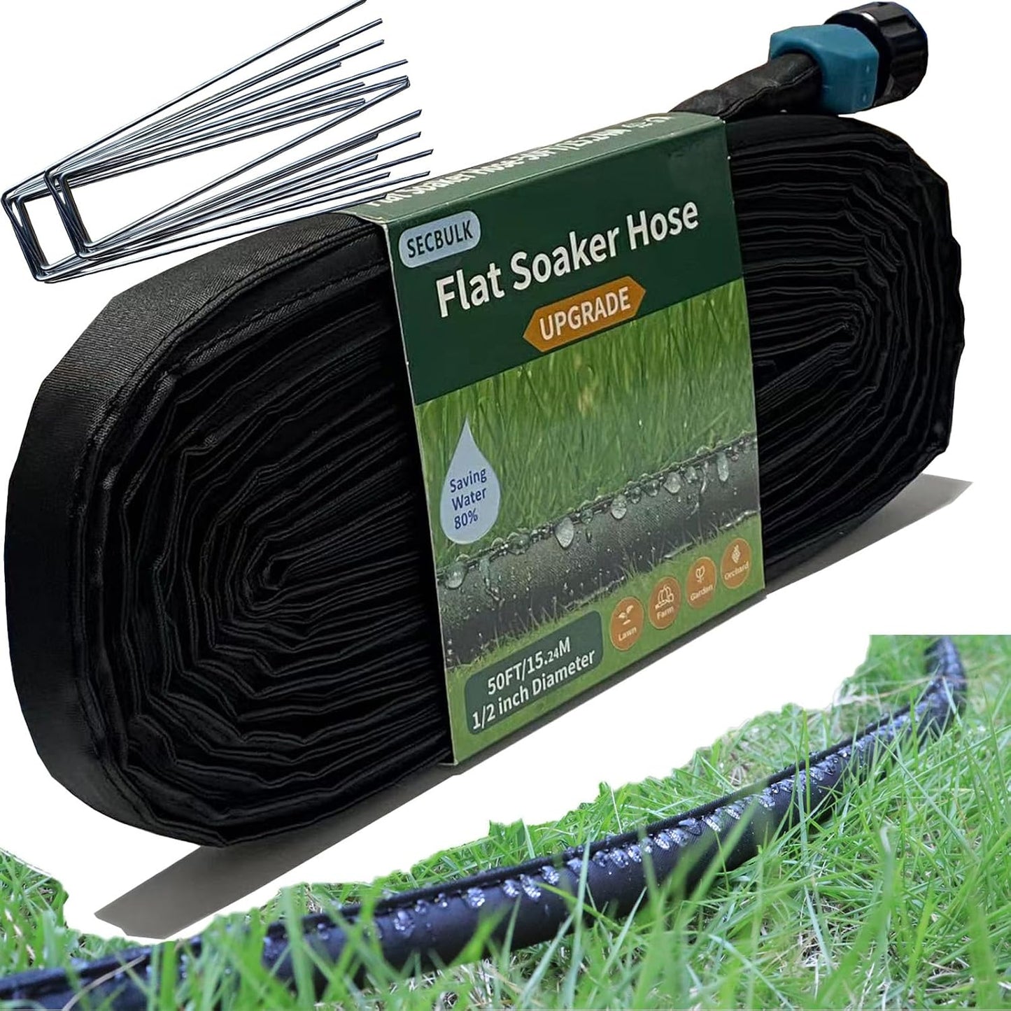 2026 Flat Soaker Hose 100 ft with Stakes for Garden, 50ft x 2 Linkable Drip Hose Diy Garden Irrigation System Saving 80% Water, Dual-layer Leak-free Design Water Hose with Holes