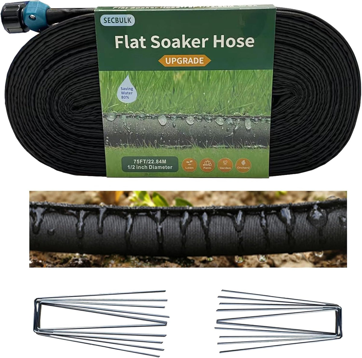 2026 Flat Soaker Hose 100 ft with Stakes for Garden, 50ft x 2 Linkable Drip Hose Diy Garden Irrigation System Saving 80% Water, Dual-layer Leak-free Design Water Hose with Holes