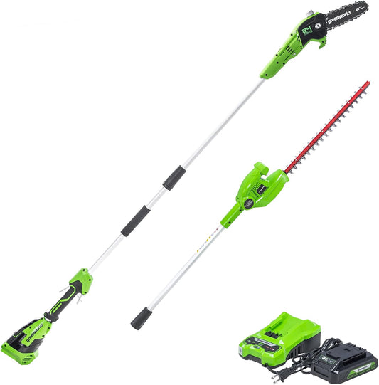 24V 8" Cordless Polesaw + 20" Pole Hedge Trimmer Combo (Great For Pruning and Trimming Branches / Shrubs), 2.0Ah Battery and Charger Included