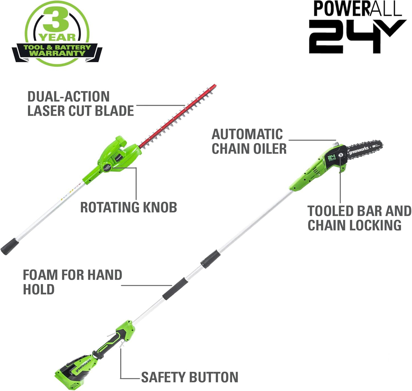 24V 8" Cordless Polesaw + 20" Pole Hedge Trimmer Combo (Great For Pruning and Trimming Branches / Shrubs), 2.0Ah Battery and Charger Included