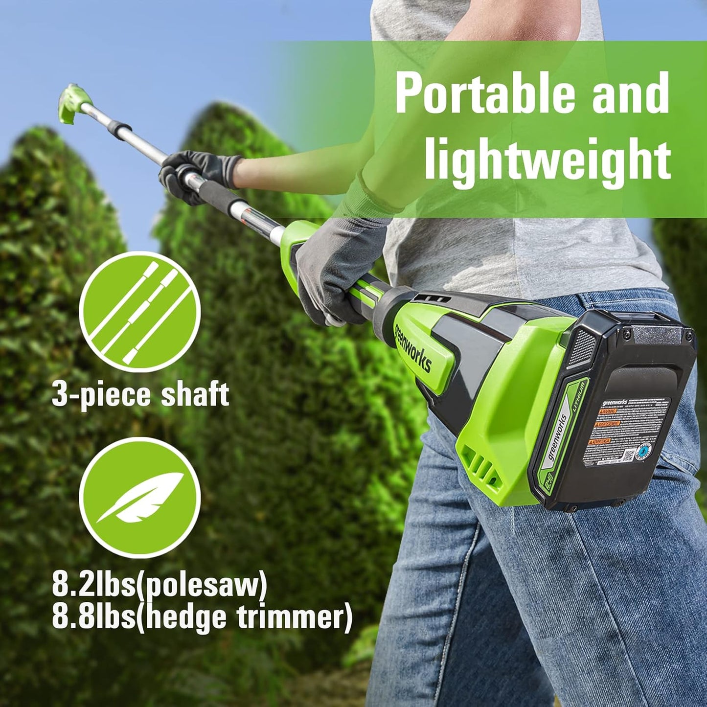 24V 8" Cordless Polesaw + 20" Pole Hedge Trimmer Combo (Great For Pruning and Trimming Branches / Shrubs), 2.0Ah Battery and Charger Included