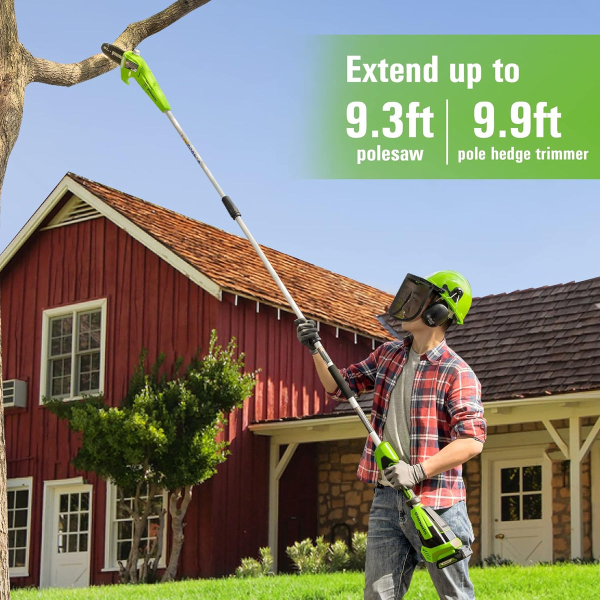 24V 8" Cordless Polesaw + 20" Pole Hedge Trimmer Combo (Great For Pruning and Trimming Branches / Shrubs), 2.0Ah Battery and Charger Included