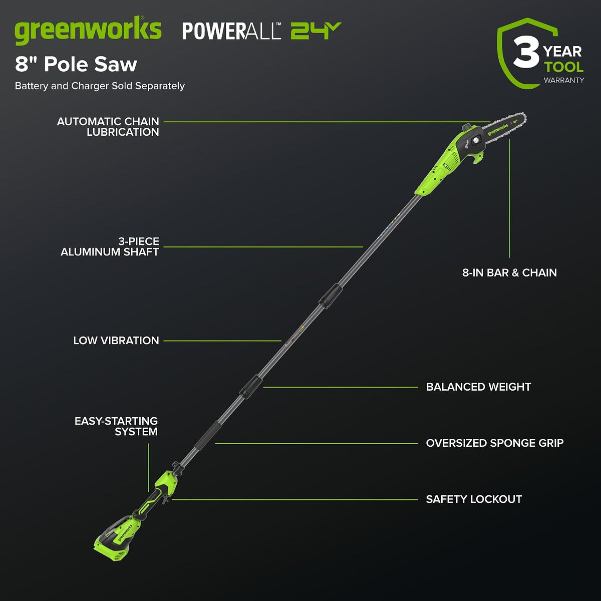 24V 8" Cordless Polesaw + 20" Pole Hedge Trimmer Combo (Great For Pruning and Trimming Branches / Shrubs), 2.0Ah Battery and Charger Included