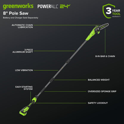 24V 8" Cordless Polesaw + 20" Pole Hedge Trimmer Combo (Great For Pruning and Trimming Branches / Shrubs), 2.0Ah Battery and Charger Included