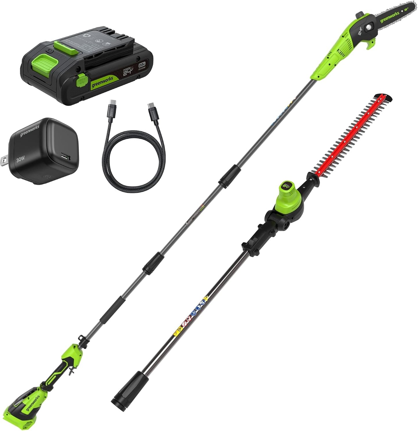 24V 8" Cordless Polesaw + 20" Pole Hedge Trimmer Combo (Great For Pruning and Trimming Branches / Shrubs), 2.0Ah Battery and Charger Included