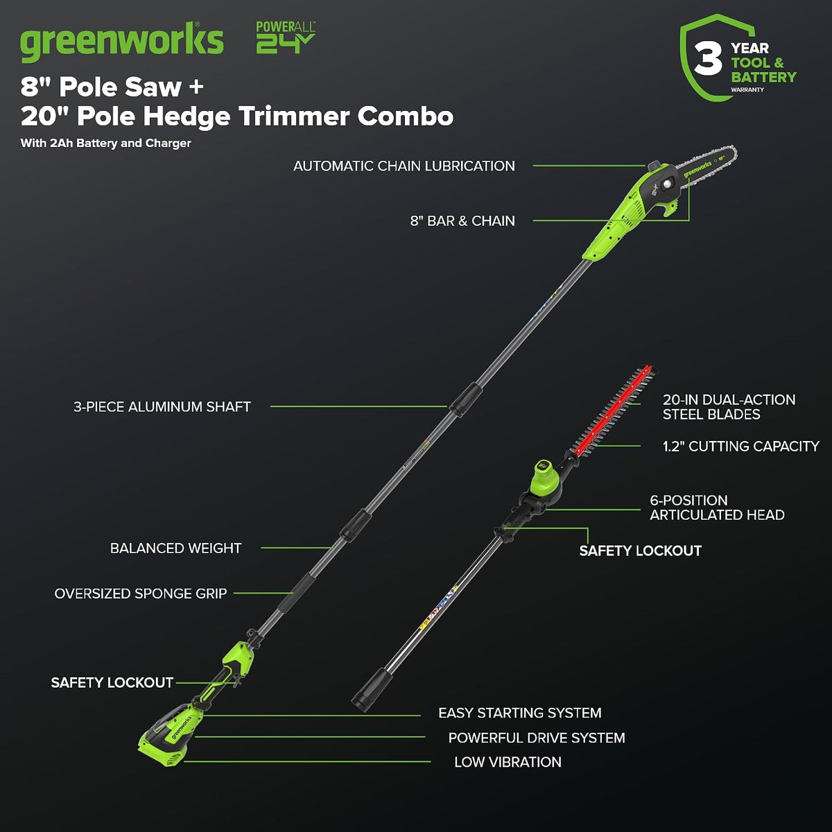 24V 8" Cordless Polesaw + 20" Pole Hedge Trimmer Combo (Great For Pruning and Trimming Branches / Shrubs), 2.0Ah Battery and Charger Included