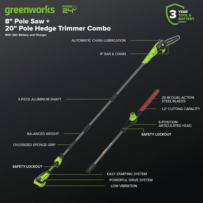 24V 8" Cordless Polesaw + 20" Pole Hedge Trimmer Combo (Great For Pruning and Trimming Branches / Shrubs), 2.0Ah Battery and Charger Included