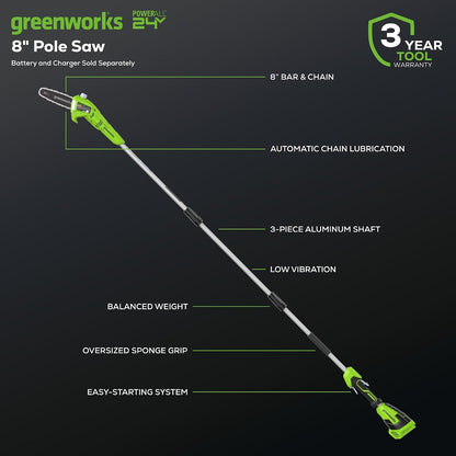 24V 8" Cordless Polesaw + 20" Pole Hedge Trimmer Combo (Great For Pruning and Trimming Branches / Shrubs), 2.0Ah Battery and Charger Included