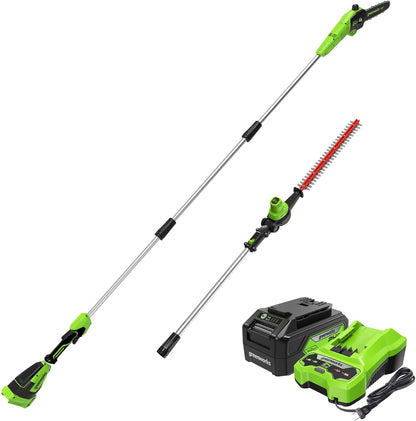 24V 8" Cordless Polesaw + 20" Pole Hedge Trimmer Combo (Great For Pruning and Trimming Branches / Shrubs), 2.0Ah Battery and Charger Included