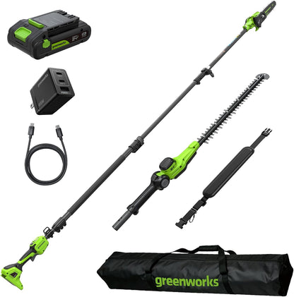 24V 8" Cordless Polesaw + 20" Pole Hedge Trimmer Combo (Great For Pruning and Trimming Branches / Shrubs), 2.0Ah Battery and Charger Included