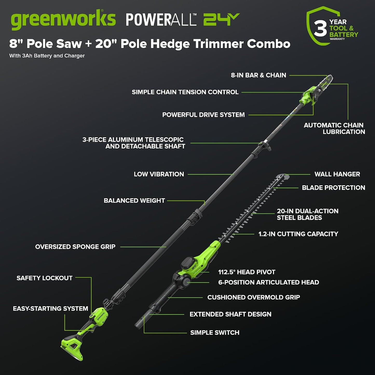 24V 8" Cordless Polesaw + 20" Pole Hedge Trimmer Combo (Great For Pruning and Trimming Branches / Shrubs), 2.0Ah Battery and Charger Included