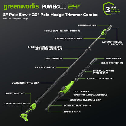 24V 8" Cordless Polesaw + 20" Pole Hedge Trimmer Combo (Great For Pruning and Trimming Branches / Shrubs), 2.0Ah Battery and Charger Included