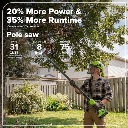 24V 8" Cordless Polesaw + 20" Pole Hedge Trimmer Combo (Great For Pruning and Trimming Branches / Shrubs), 2.0Ah Battery and Charger Included