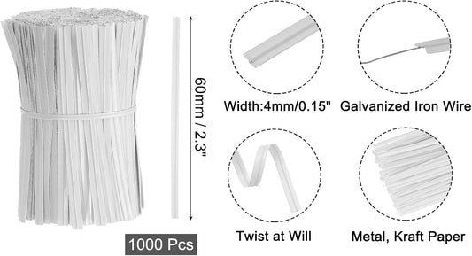 2" Kraft Paper Twist Ties, Metallic Twist Ties Reusable for Bakery, Candy Bags, Coffee Bags, Goodie Bags, Pack of 1000, White