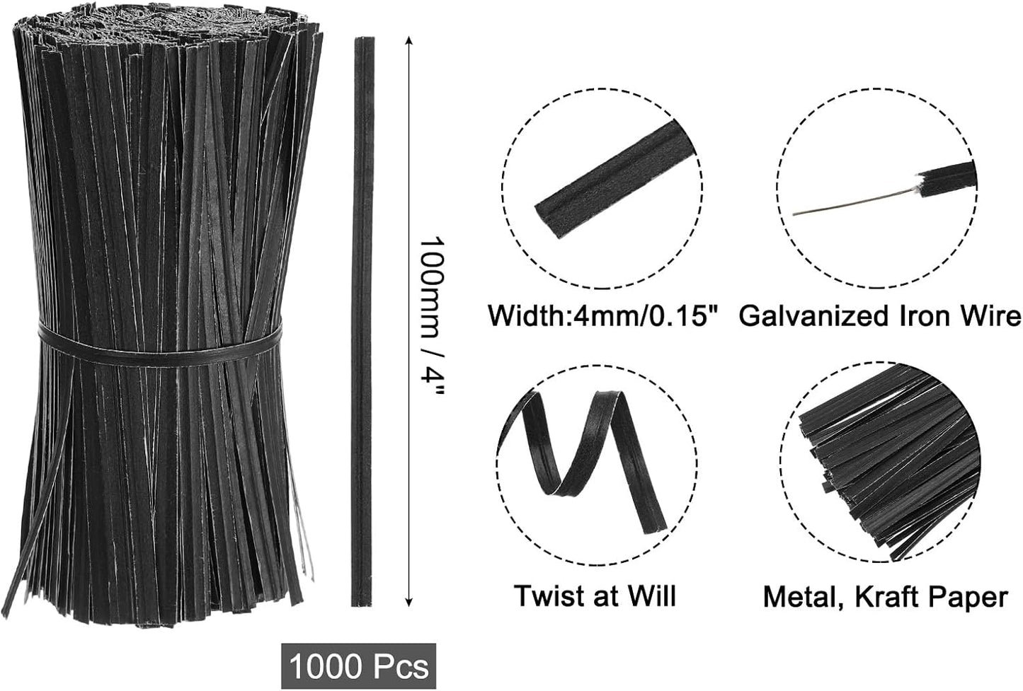 2" Kraft Paper Twist Ties, Metallic Twist Ties Reusable for Bakery, Candy Bags, Coffee Bags, Goodie Bags, Pack of 1000, White