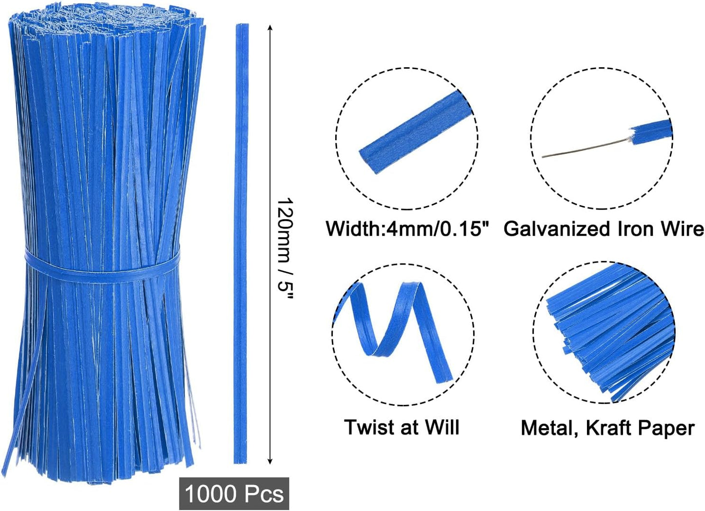 2" Kraft Paper Twist Ties, Metallic Twist Ties Reusable for Bakery, Candy Bags, Coffee Bags, Goodie Bags, Pack of 1000, White