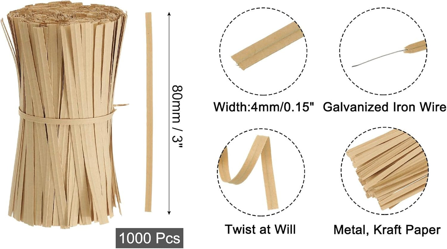 2" Kraft Paper Twist Ties, Metallic Twist Ties Reusable for Bakery, Candy Bags, Coffee Bags, Goodie Bags, Pack of 1000, White