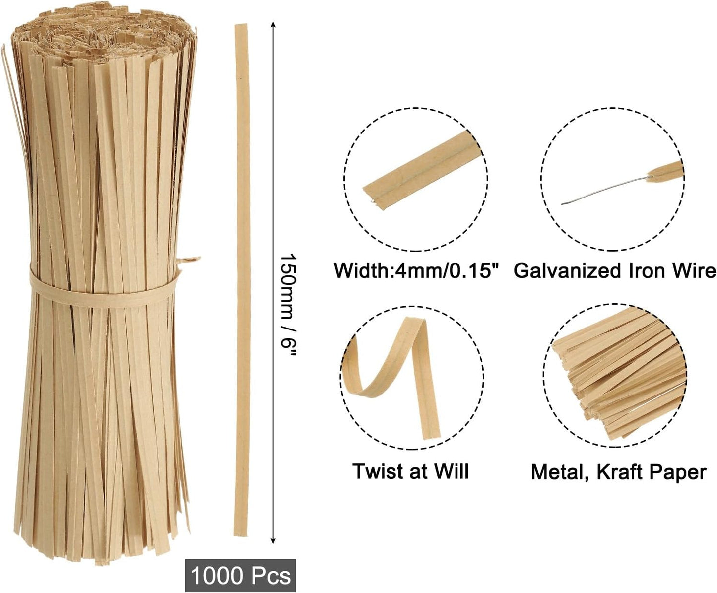 2" Kraft Paper Twist Ties, Metallic Twist Ties Reusable for Bakery, Candy Bags, Coffee Bags, Goodie Bags, Pack of 1000, White