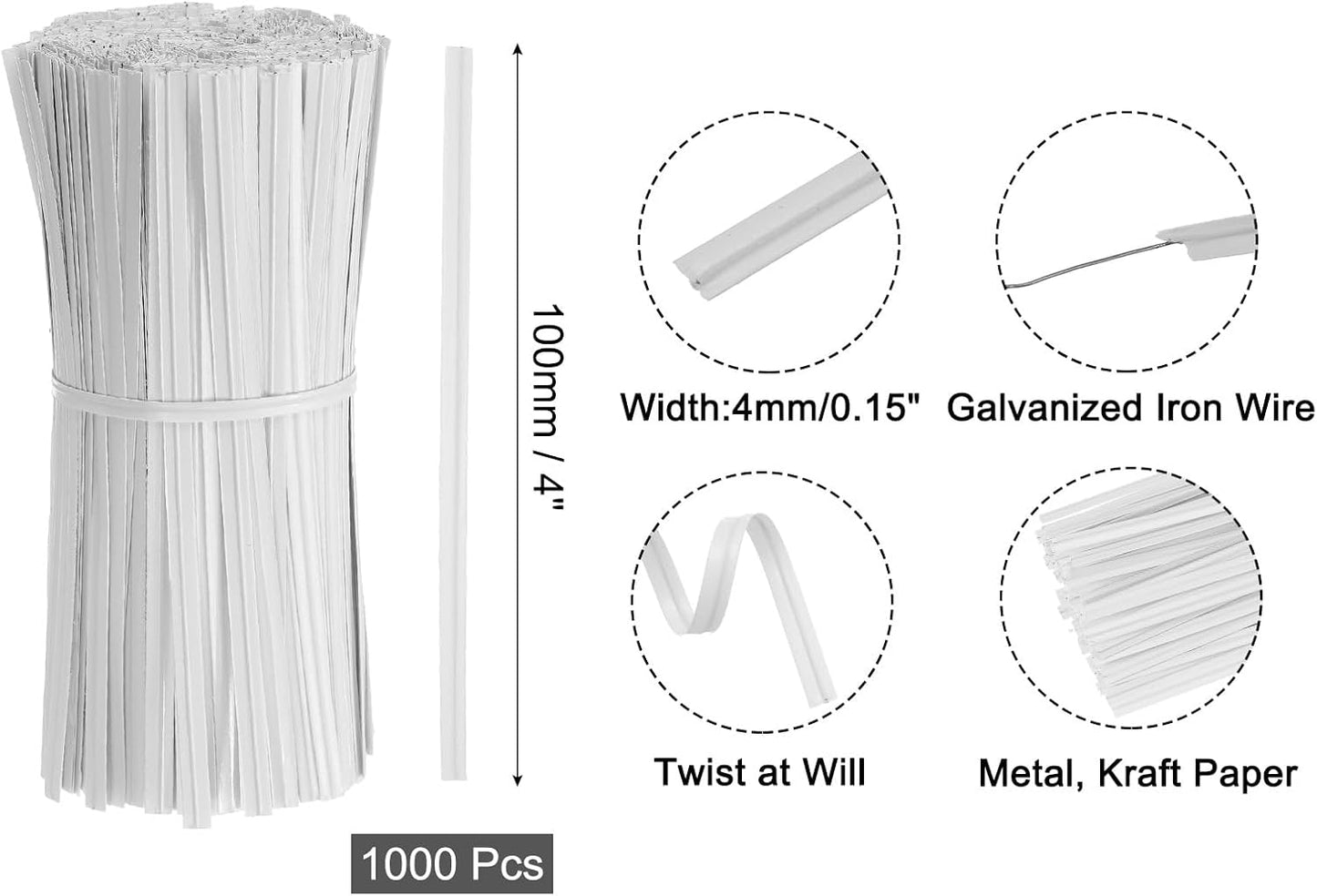 2" Kraft Paper Twist Ties, Metallic Twist Ties Reusable for Bakery, Candy Bags, Coffee Bags, Goodie Bags, Pack of 1000, White
