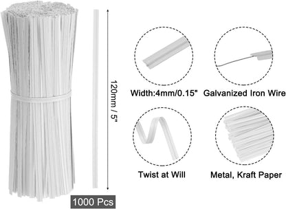 2" Kraft Paper Twist Ties, Metallic Twist Ties Reusable for Bakery, Candy Bags, Coffee Bags, Goodie Bags, Pack of 1000, White