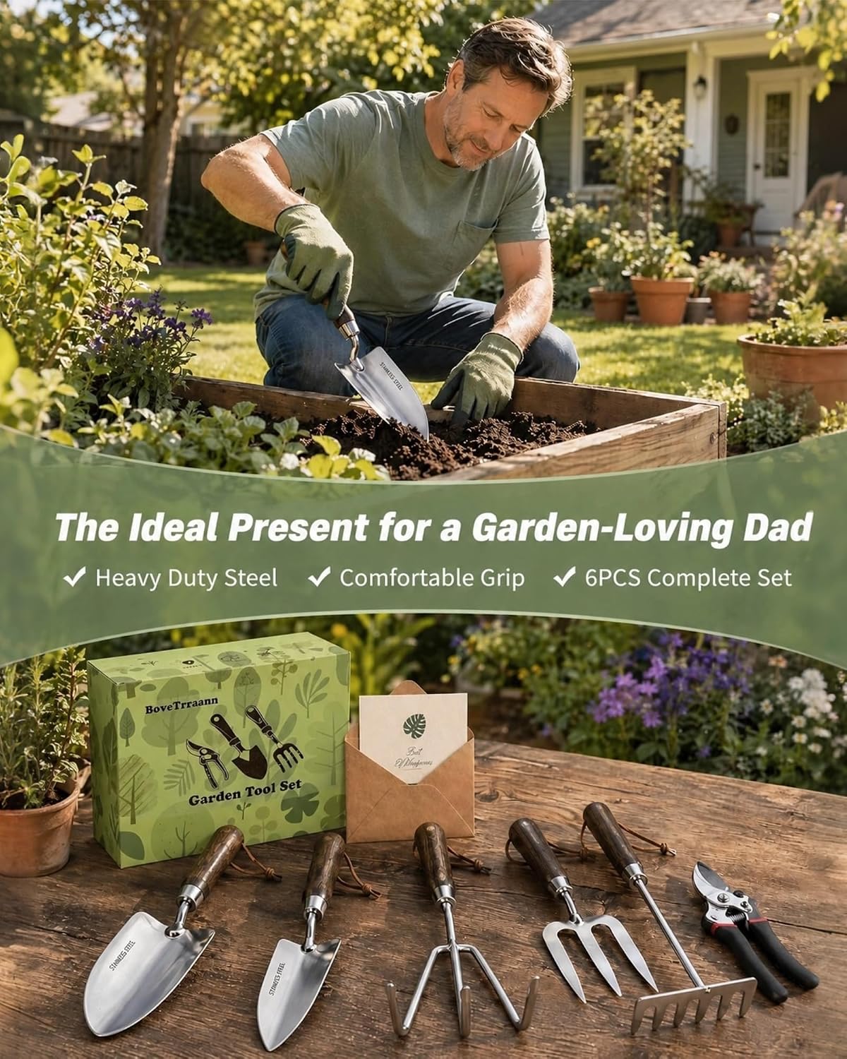 Garden Tool Set, 6PCS Heavy Duty Stainless Steel Gardening Hand Tools with Ropes, Includes Hand Cultivator Shovel Trowel Transplanter 2-in-1 Hoe Pruner, Ideal Gardening Gifts for Women Men (Upgrade)