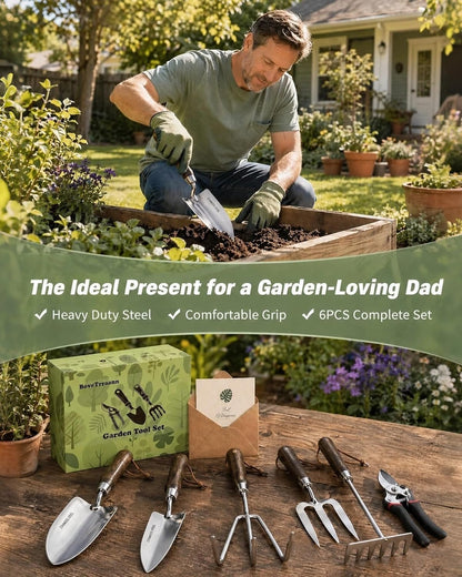 Garden Tool Set, 6PCS Heavy Duty Stainless Steel Gardening Hand Tools with Ropes, Includes Hand Cultivator Shovel Trowel Transplanter 2-in-1 Hoe Pruner, Ideal Gardening Gifts for Women Men (Upgrade)