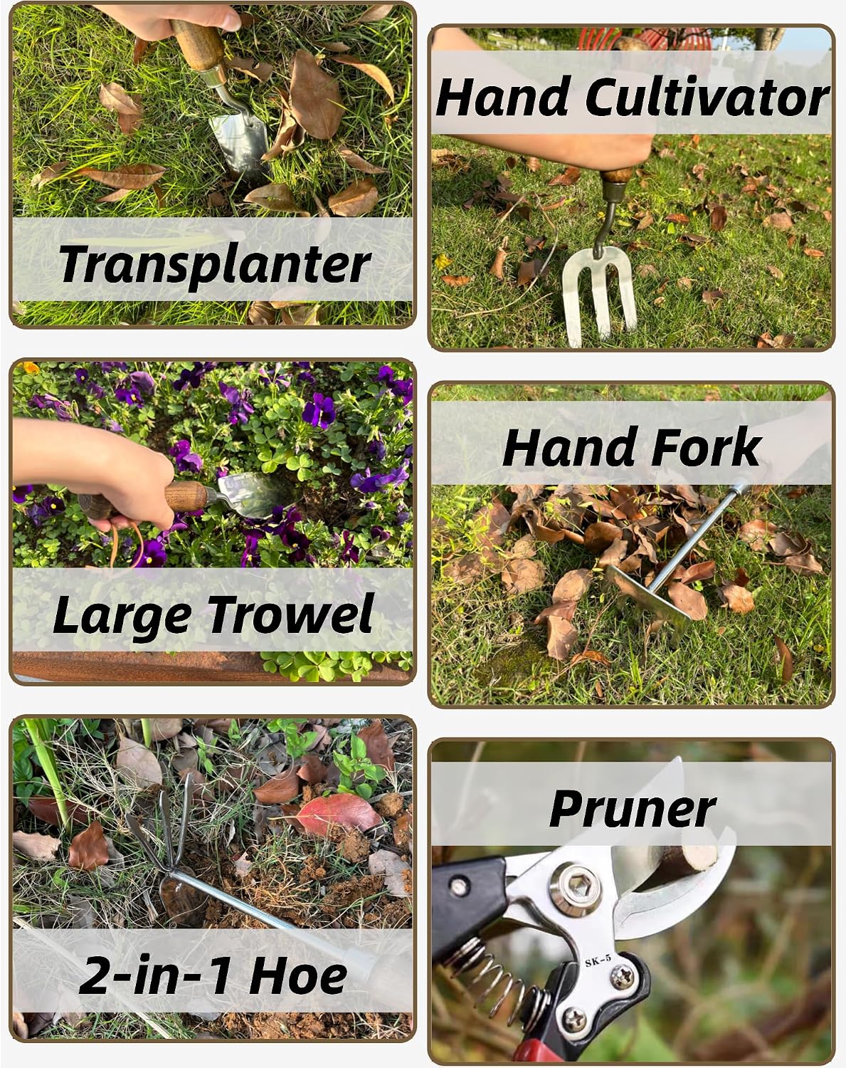 Garden Tool Set, 6PCS Heavy Duty Stainless Steel Gardening Hand Tools with Ropes, Includes Hand Cultivator Shovel Trowel Transplanter 2-in-1 Hoe Pruner, Ideal Gardening Gifts for Women Men (Upgrade)
