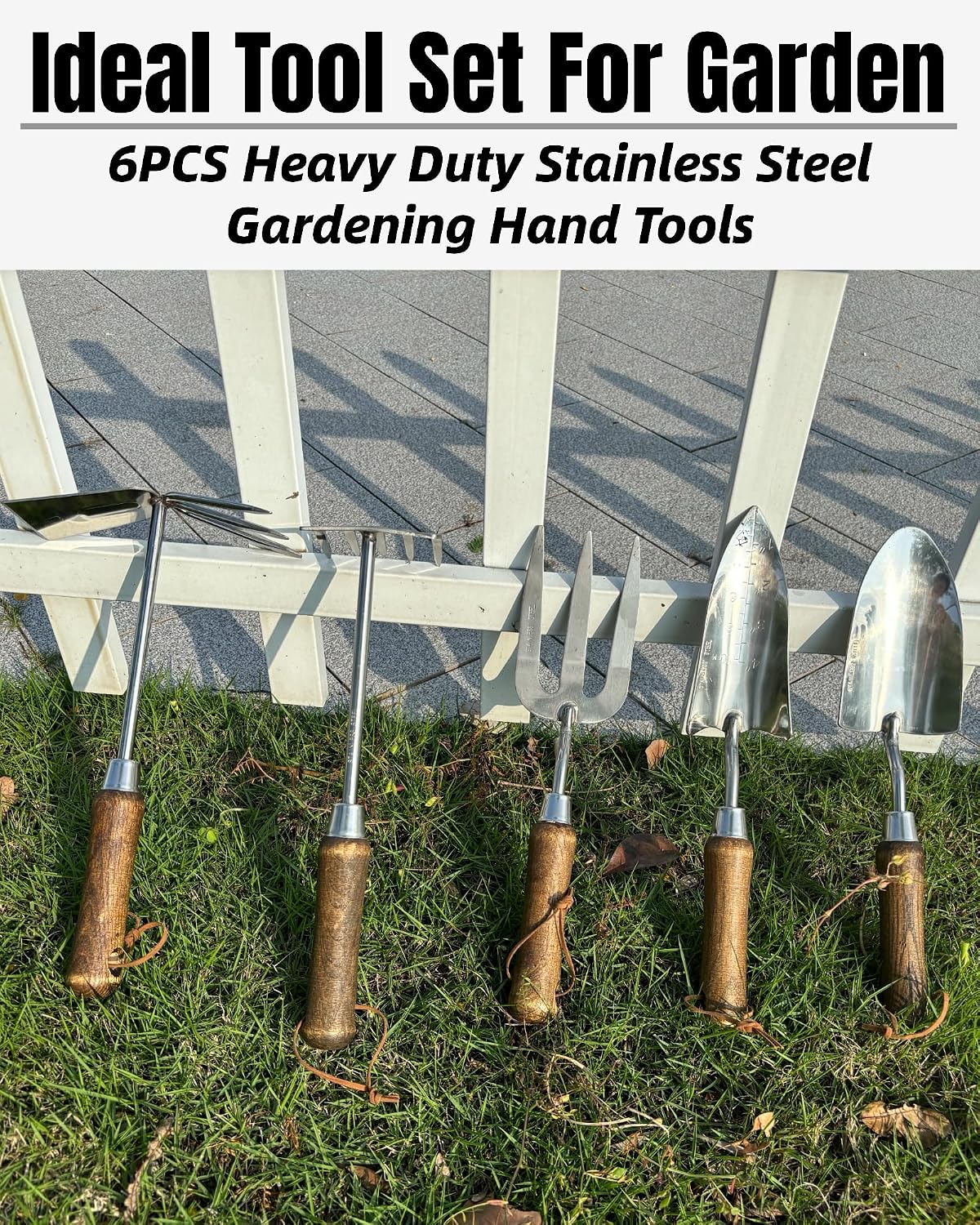 Garden Tool Set, 6PCS Heavy Duty Stainless Steel Gardening Hand Tools with Ropes, Includes Hand Cultivator Shovel Trowel Transplanter 2-in-1 Hoe Pruner, Ideal Gardening Gifts for Women Men (Upgrade)