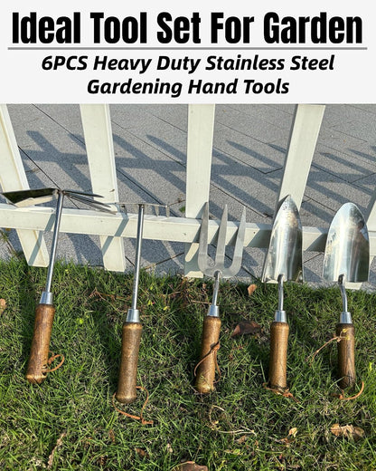 Garden Tool Set, 6PCS Heavy Duty Stainless Steel Gardening Hand Tools with Ropes, Includes Hand Cultivator Shovel Trowel Transplanter 2-in-1 Hoe Pruner, Ideal Gardening Gifts for Women Men (Upgrade)