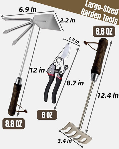 Garden Tool Set, 6PCS Heavy Duty Stainless Steel Gardening Hand Tools with Ropes, Includes Hand Cultivator Shovel Trowel Transplanter 2-in-1 Hoe Pruner, Ideal Gardening Gifts for Women Men (Upgrade)
