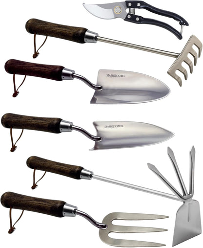 Garden Tool Set, 6PCS Heavy Duty Stainless Steel Gardening Hand Tools with Ropes, Includes Hand Cultivator Shovel Trowel Transplanter 2-in-1 Hoe Pruner, Ideal Gardening Gifts for Women Men (Upgrade)