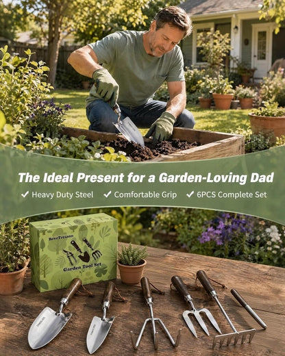 Garden Tool Set, 6PCS Heavy Duty Stainless Steel Gardening Hand Tools with Ropes, Includes Hand Cultivator Shovel Trowel Transplanter 2-in-1 Hoe Pruner, Ideal Gardening Gifts for Women Men (Upgrade)