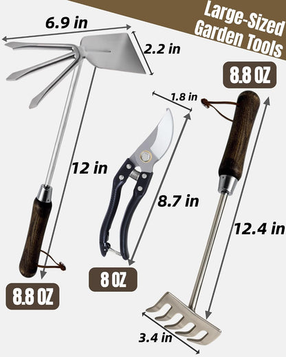 Garden Tool Set, 6PCS Heavy Duty Stainless Steel Gardening Hand Tools with Ropes, Includes Hand Cultivator Shovel Trowel Transplanter 2-in-1 Hoe Pruner, Ideal Gardening Gifts for Women Men (Upgrade)