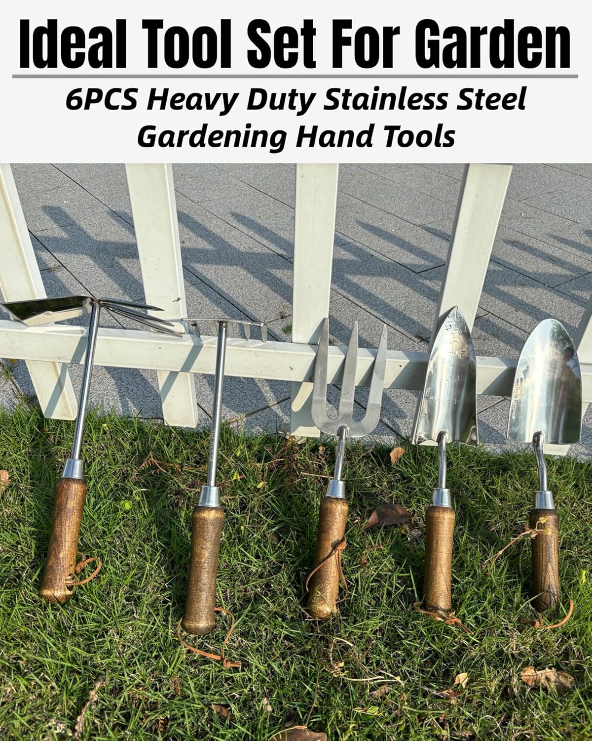 Garden Tool Set, 6PCS Heavy Duty Stainless Steel Gardening Hand Tools with Ropes, Includes Hand Cultivator Shovel Trowel Transplanter 2-in-1 Hoe Pruner, Ideal Gardening Gifts for Women Men (Upgrade)